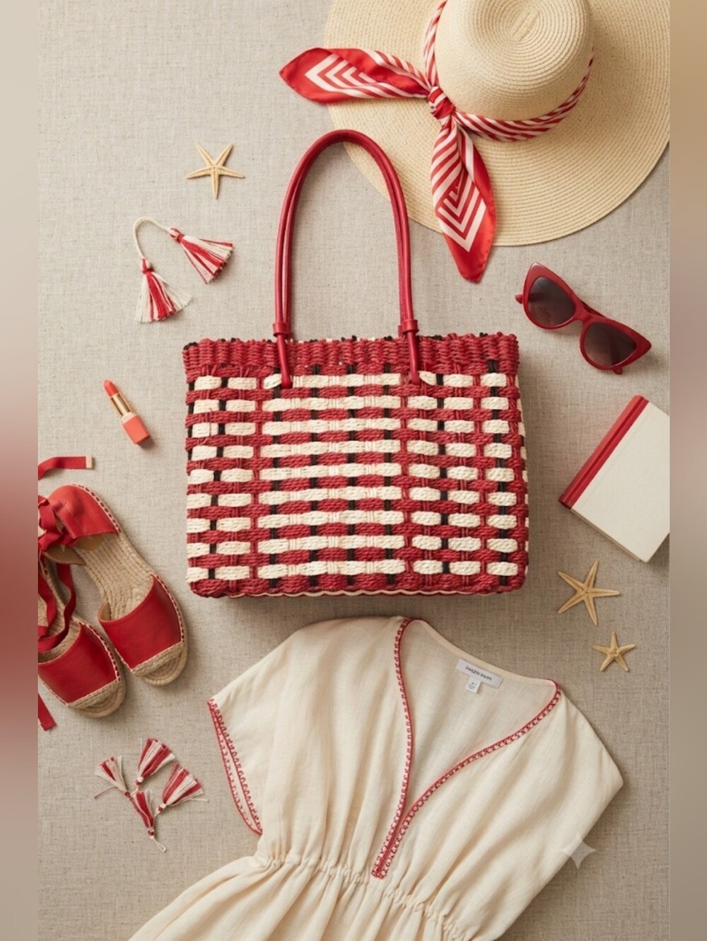 NWT ZARA Stylish Red & Cream Woven Tote Bag, Size 11.4"x8.9"x2.8"